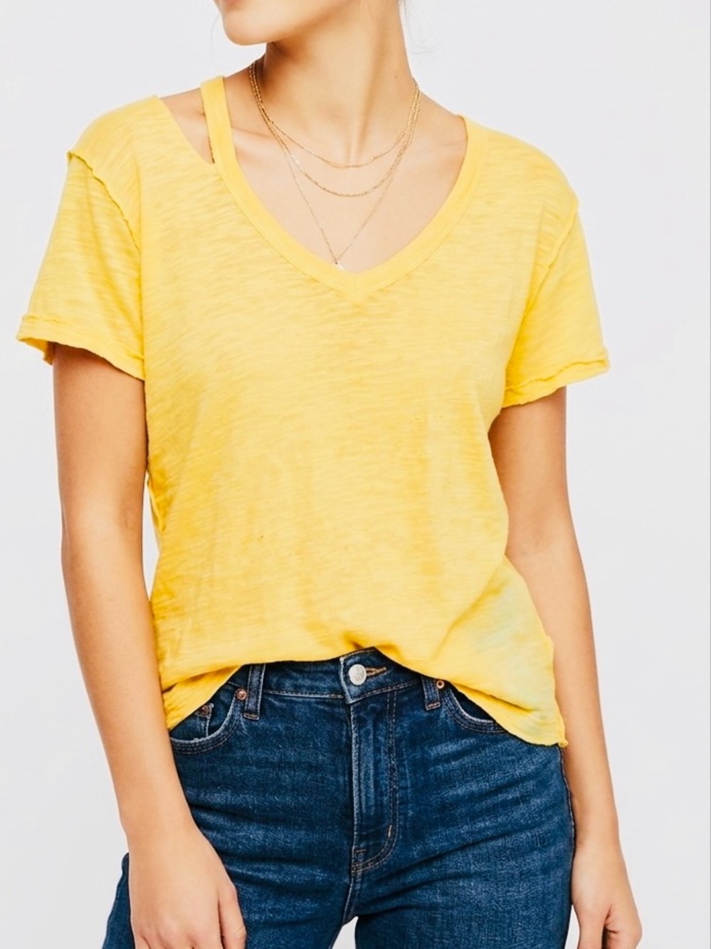 FREE PEOPLE We The Free Burnout Boyfriend T-shirt Yellow Short Sleeve CutOut Tee - Picture 1 of 16